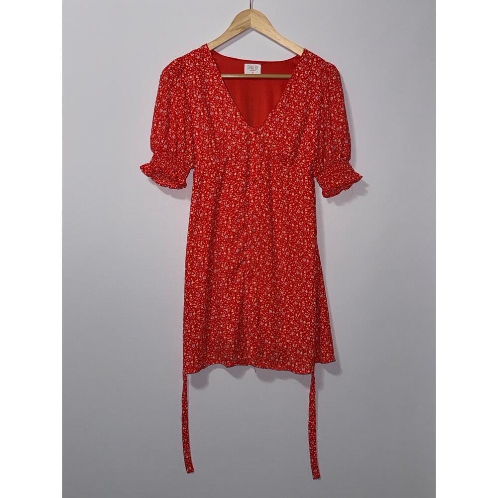 Sienna Sky Red Floral Mini Dress Puff Sleeve Tie Back Women’s XS